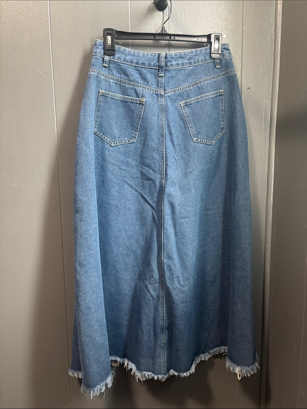 Denim A-Line Maxi Skirt with Frayed Front Slit - Blue 28” waist - Picture 7 of 9